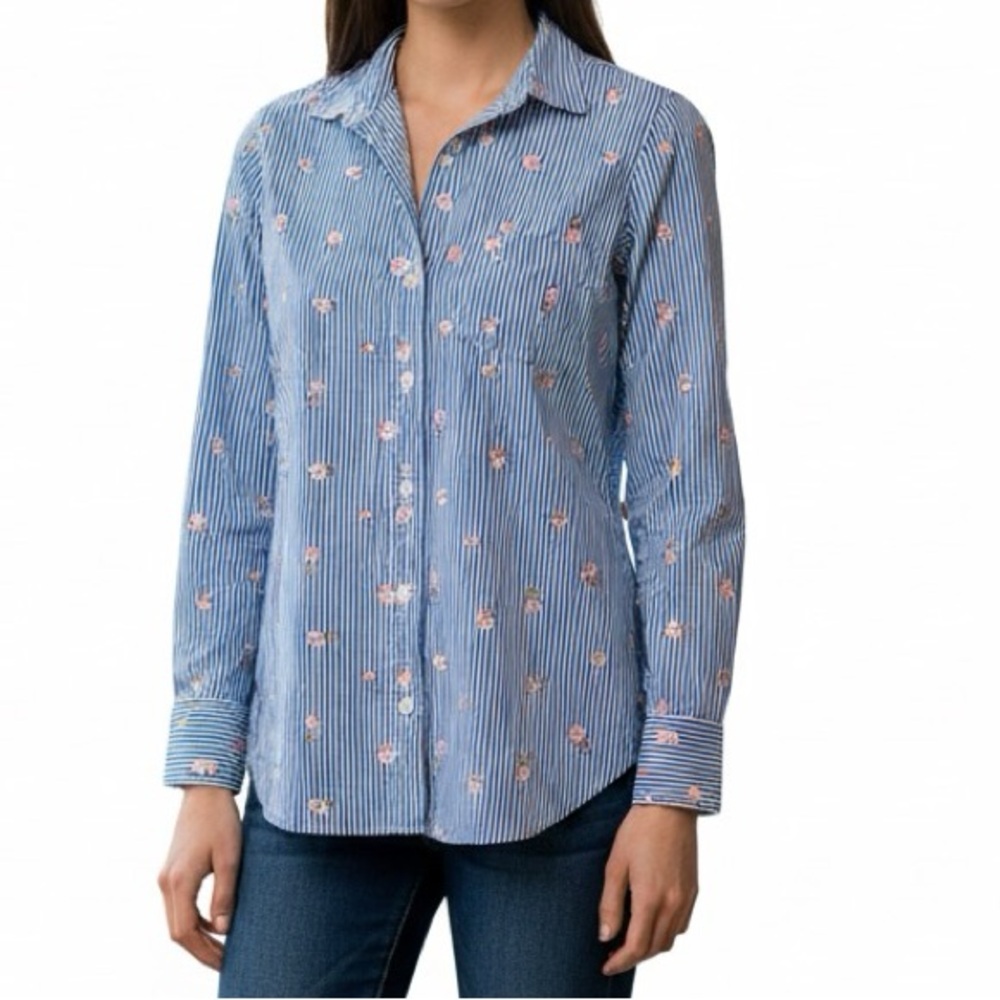 J. Crew Mercantile Blue Striped Button Down Shirt with Floral Accents